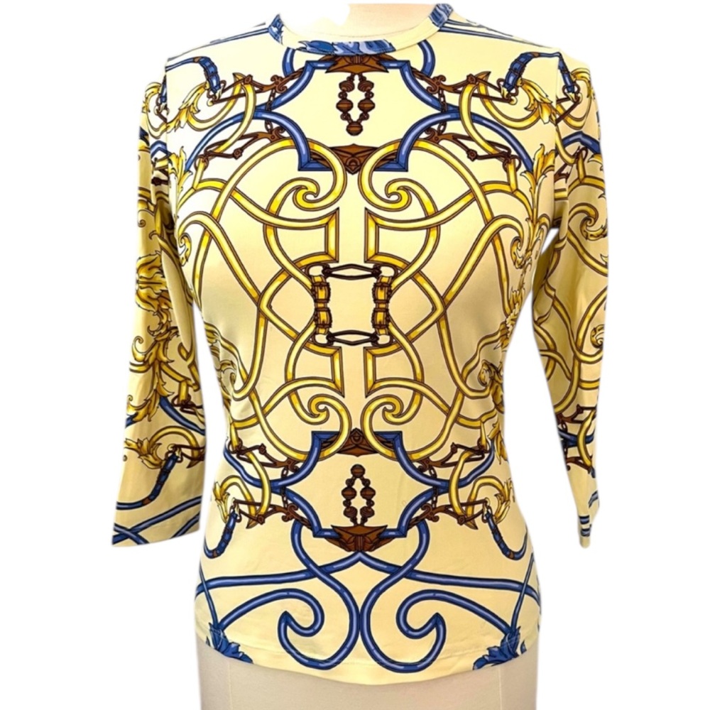 J McLaughlin • Signature Tee horse bit print chain link blue brown Catalina XS